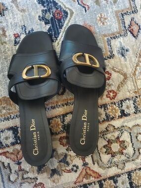 Dior Women's Black Leather Slide Sandals with Gold Buckle